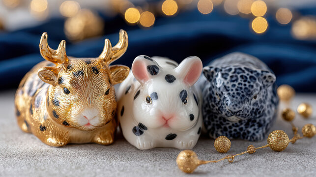 Three decorative ceramic animal figurines arranged on textured surface with gold bead garland and blurred bokeh lights background