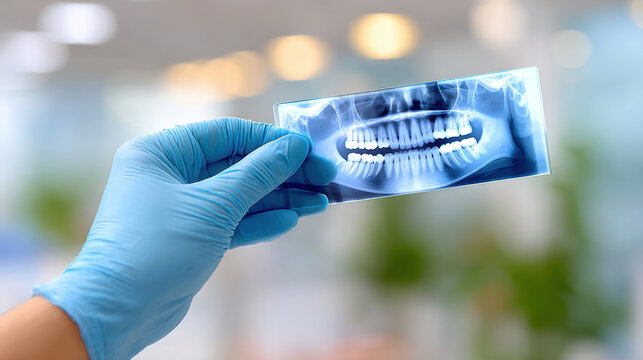 Handheld dental xray film showing full jaw panoramic radiograph held by gloved hand for clinic diagnostic poster background