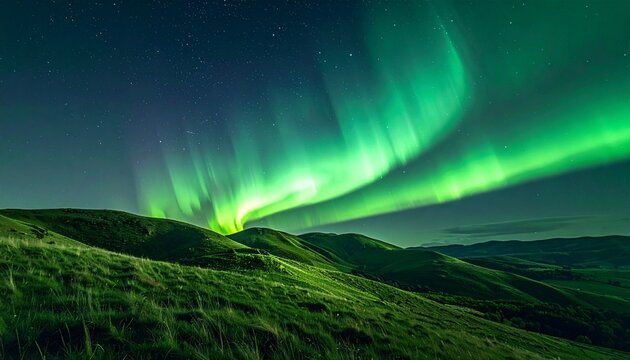 Soft Green Aurora Over Rolling Hills