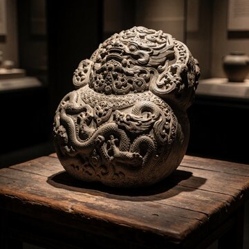 Ancient steatite idol with intricate carvings sits on weathered wooden table in dim museum. Detailed stone sculpture shows dragon motifs, ethnic patterns. Archaeological relic displayed under soft