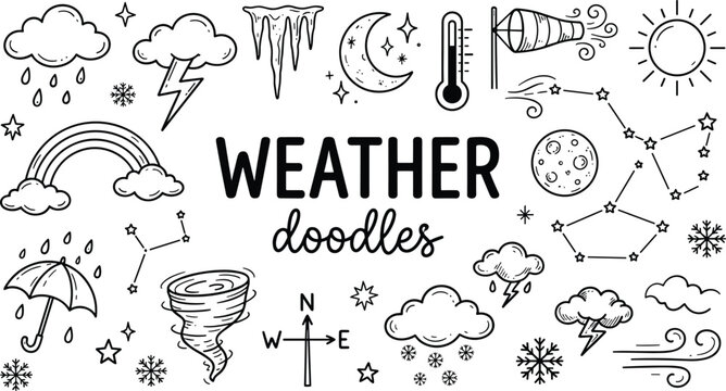 Hand drawn weather doodle element collection featuring seasonal climate forecasting conditions temperature tracking and atmospheric meteorology symbols