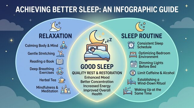 Sleep infographic guide for achieving better rest, relaxation and sleep routine Venn diagram, health and wellness tips for quality restoration