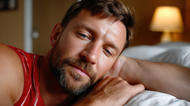 Tired man lying in bed with restless sleep in a summer apartment for wellness articles and travel insomnia awareness and lifestyle blog features