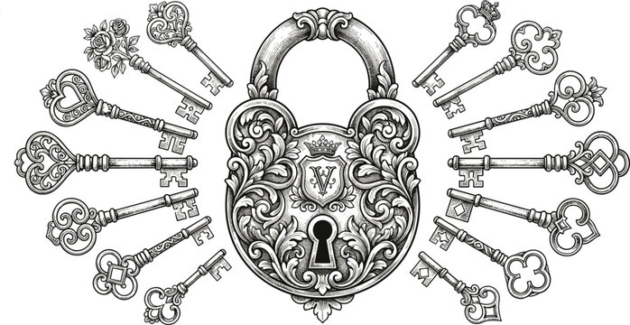 Ornate vintage padlock engraving layout surrounded by an array of antique skeleton keys featuring decorative floral filigree patterns