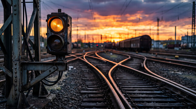 Glowing railway signal light at a train yard during a dramatic orange sunset with dark industrial tracks