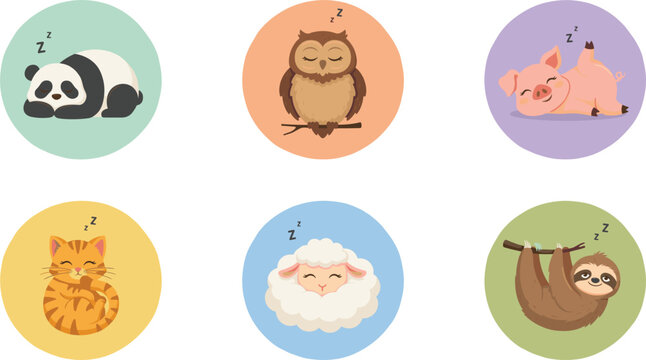 Cute Sleeping Animal Cartoon Character Vector Icon Set Featuring Panda Owl Pig Cat Sheep and Sloth in Circular Badges for Kids Nursery Designs