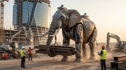 Naklejka premium Massive Robot Elephant working on construction site with heavy machinery and futuristic industry