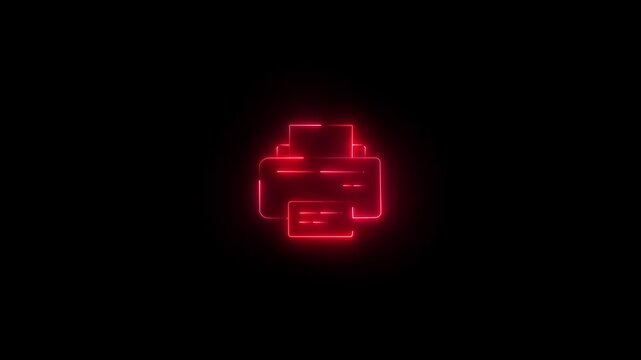 Animated printer machine in line icon style, suitable for office printing, documents, Glowing red colour neon printer icon on black background. Digital technology concept abstract graphic element. 