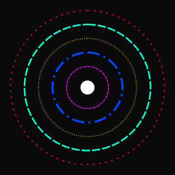 Vibrant colorful concentric dashed circles forming a digital target symbol on a dark black illustration