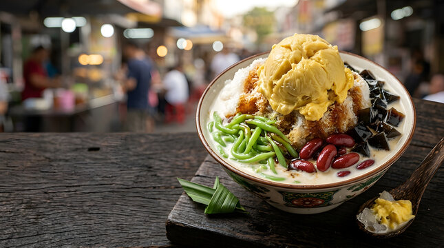 Asian Durian Cendol Shaved Ice Dessert with Red Beans and Grass Jelly