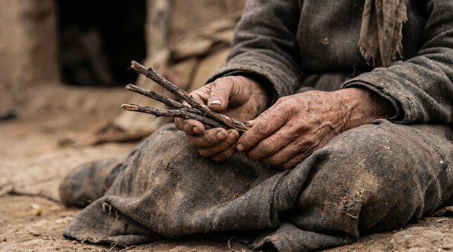 The desperate widow of Zarephath gathering sticks in the dust to cook her final, meager meal during a severe famine