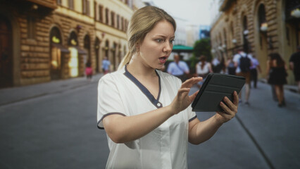 Woman in nurse uniform tapping tablet with right hand on busy street, holding device and checking data  professional concentration. © Krakenimages.com