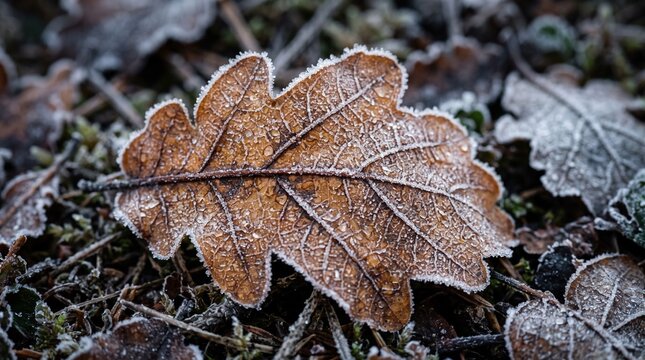 Frosted Autumn Leaf Macro Texture Showing the First Transition from Fall to Winter