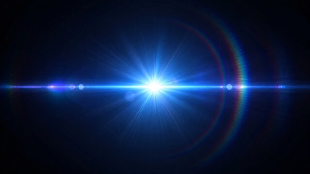 Bright Blue Abstract Lens Flare Light Effect with Radiant Glowing Sunburst Rays and Optical Chromatic Aberration for Cinematic Visual Backgrounds