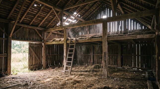 Rustic abandoned wooden barn interior with sunbeams shining through gaps in the roof and open door