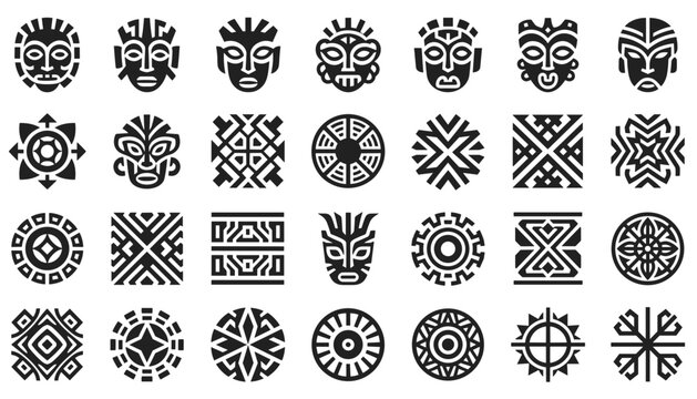 Fascinating collection of tribal masks and indigenous geometric symbols in a clean black and white vector design.