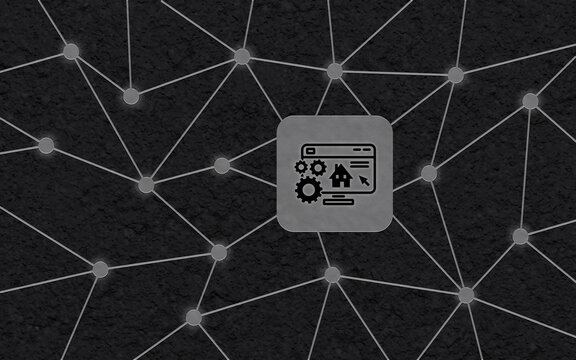 Ein digitales Konzept mit einem zentralen Websymbol, Zahnr&auml;dern, einem Haus und einem Netzwerk aus verbundenen Knotenpunkten vor einer dunklen Textur.