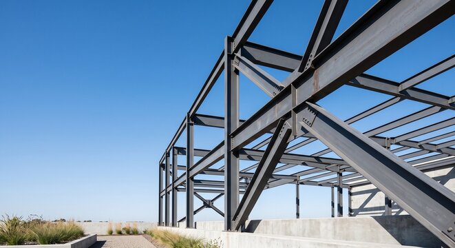 Steel wide flange structural framework for industrial building construction against a clear blue sky