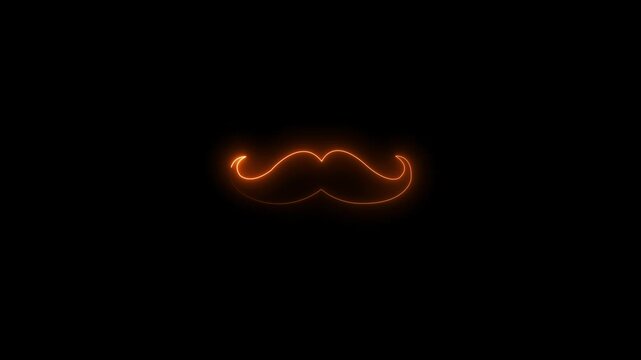 Neon royal orange mustache icon animation on black background, glowing facial hair symbol, elegant style and fashion concept,