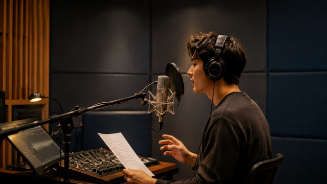 Man in recording room interior featuring contemporary furnishings natural light and a spacious functional layout