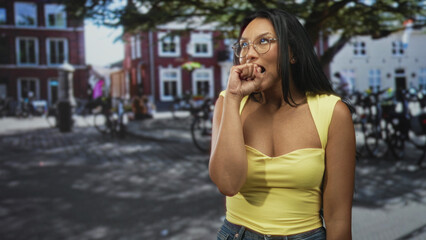 Fototapeta premium Woman with hand to mouth gesture on a street in front of buildings, wearing yellow top and glasses; anxiety contemplation.
