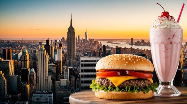 Delicious burger and strawberry milkshake served with a view of the New York City skyline at sunset. Enjoy classic American fast food in an urban setting.