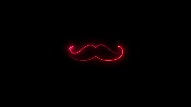 Neon royal red colour mustache icon animation on black background, glowing facial hair symbol, elegant style and fashion concept,