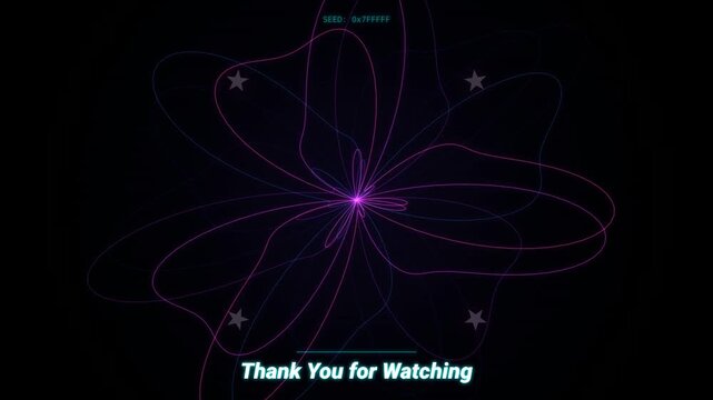 Digital animation of glowing atomic orbits with star accents and thank you message in dark background