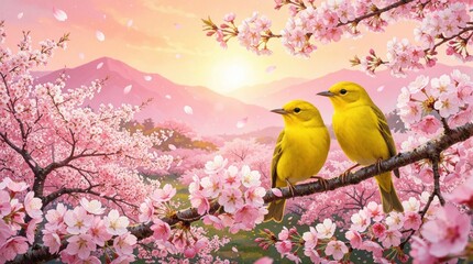 Fototapeta premium Two yellow birds sit on a branch with pink cherry blossoms. Mountains and sun in background. Spring nature illustration with falling petals.