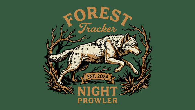 Retro wild wolf forest tracker night prowler outdoor adventure badge illustration with vintage nature landscape for t-shirt design print and apparel