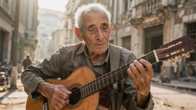 Elderly Man Playing Guitar in Historic Urban Street Scene