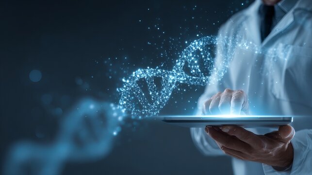 Doctor using tablet for digital healthcare, dna and medical technology