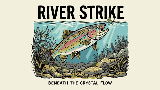 Vintage Rainbow Trout Fishing River Strike Illustration with Mayfly Beneath the Crystal Flow Graphic for T-shirt Design Print and Apparel