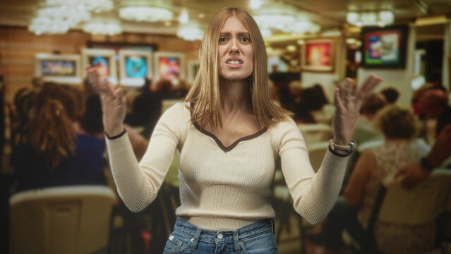 Woman redhead with hands raised palms up gesturing toward seated audience in auction gallery under chandeliers, wearing sweater and jeans with bracelets; frustration tension.