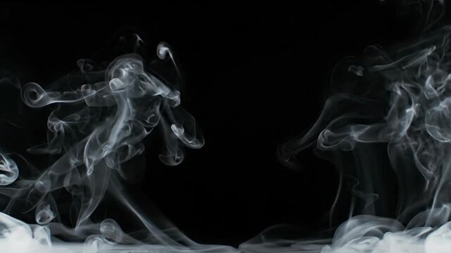 Abstract smoke swirls, mystical mist, ethereal fog trails, vaporous haze patterns, dramatic plume formations, serene steam dance, captivating cloud essence, intriguing white wisps, deep black