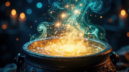 Fototapeta premium Magic cauldron boils with glowing golden potion. Sparkling blue smoke, bright light sparks fly from bubbling liquid. Mystical fantasy brew creates bright energy in dark night atmosphere. Enchanted