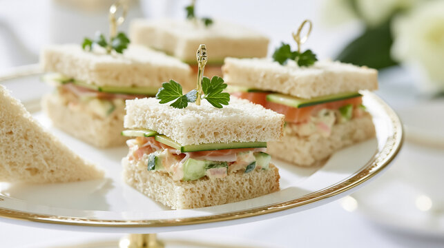 Serving delicate finger food sandwiches with fresh ingredients, garnished with parsley, on a white tiered platter for a sophisticated event