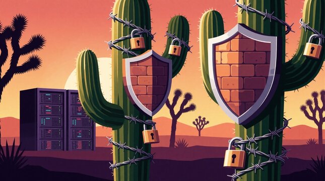 Cactus plant acts as secure digital fortress with barbed wire and locks protecting server racks in desert. Cyber security concept with brick shield defends data.