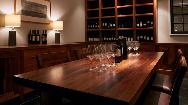 A warmly lit wooden wine tasting room with glasses and bottles arranged on a polished table  shelves ed with wine  and ambient lighting