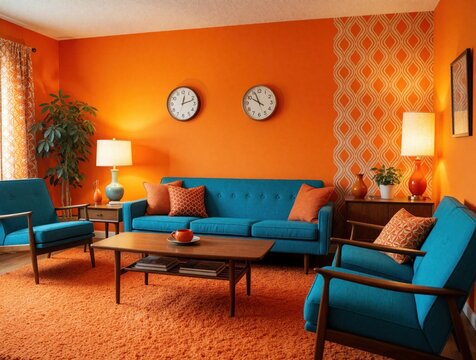 Retro living room with bright orange walls features teal mid century modern furniture and wood accents. Cozy space includes patterned textiles and warm ambient lighting.