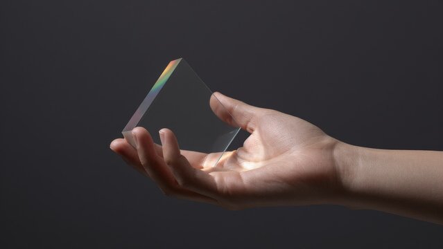 Hand Holding Glass Prism with Colorful Spectrum Reflection