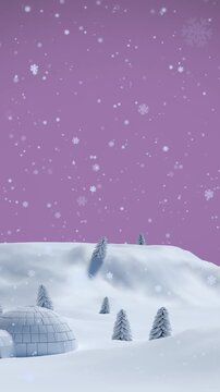 Animation of white christmas snowflakes falling over winter landscape with illuminated igloo