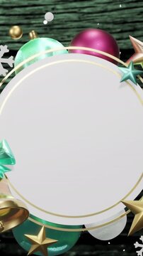 Animation of snow falling over christmas decorations around white circular sign on wooden boards