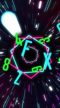 Animation of letters and numbers over light trails on black background