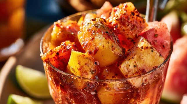 Spicy fruit salad in glass bowl with chili seasoning