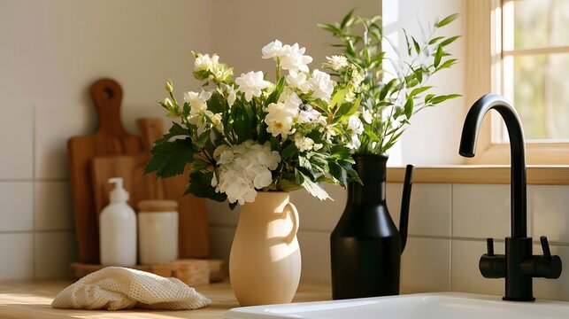 White flowers in ceramic vase beside black pitcher on wooden countertop near sink with window light