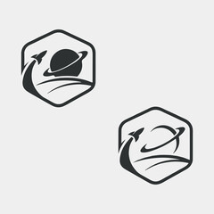 Minimalist space rocket logo icon set inside hexagon with planet saturn vector illustration © MdSahadatHossn