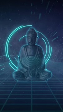 Animation of buddha with scope scanning and shapes on black background
