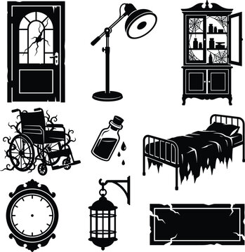 Creepy spooky haunted hospital and asylum vintage creepy silhouettes vector illustration set
