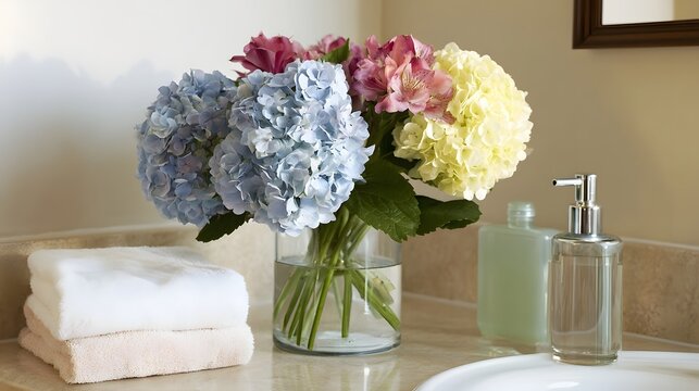A vase of colorful hydrangeas and alstroemeria sits beside folded towels and soap dispensers on a bathroom counter